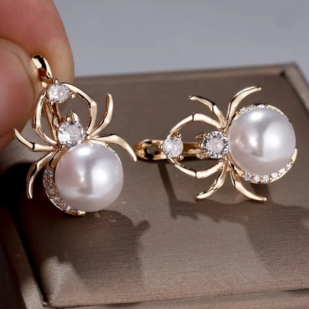 Elegant Gold and White Pearl Spider Earrings - Picture 2 of 4